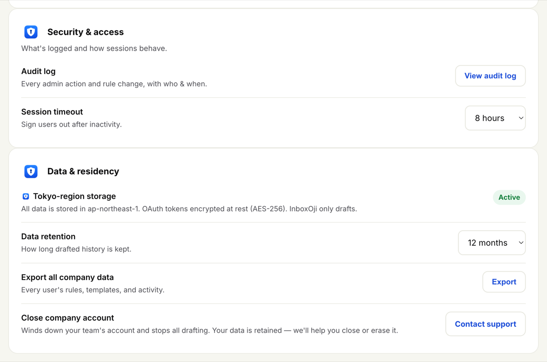 The Security & access and Data & residency panels in Settings, showing the audit log, session timeout, Tokyo-region storage marked Active, a data-retention dropdown, and Export all company data and Close company account actions.