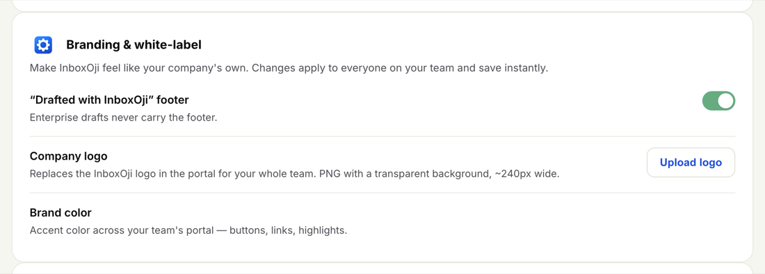 The Branding and white-label settings: a Drafted with InboxOji footer toggle, a company logo upload, and a brand color picker.