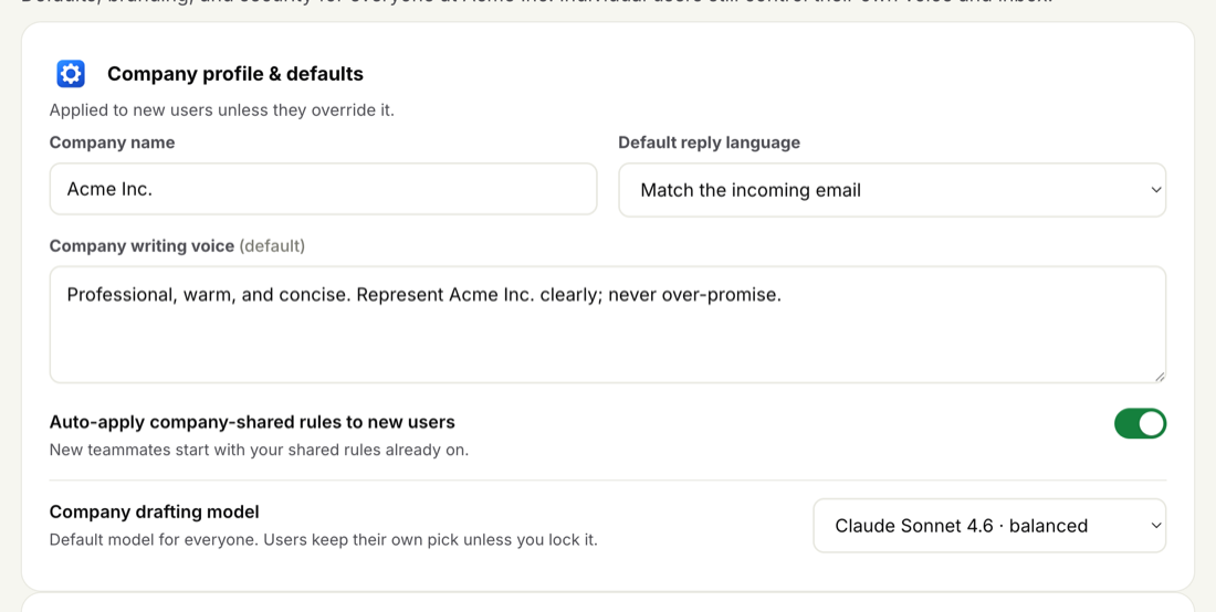 Admin Company profile and defaults: company name, default reply language, company writing voice, auto-apply shared rules, and company drafting model.